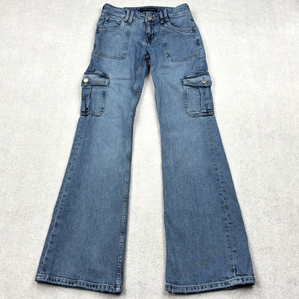 Aeropostale Womens Mid Rise Flare Cargo Jeans Size 0R Blue Denim Stretch Pocket